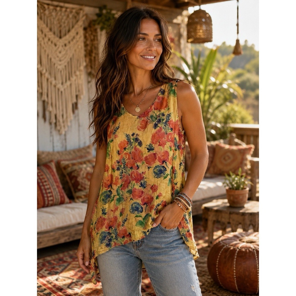 Floral Sleeveless Tank Top in Mustard Yellow - Women's Summer Top